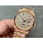 Sunday date display series women's watch with diamond-set dial, rose gold bezel, 36mm case, and rose gold President-style bracelet.